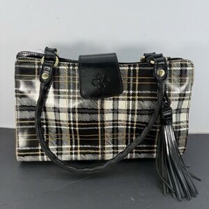 AUTHENTIC PATRICIA NASH BLACK AND WHITE PLAID PRINT LEATHER PURSE EUC